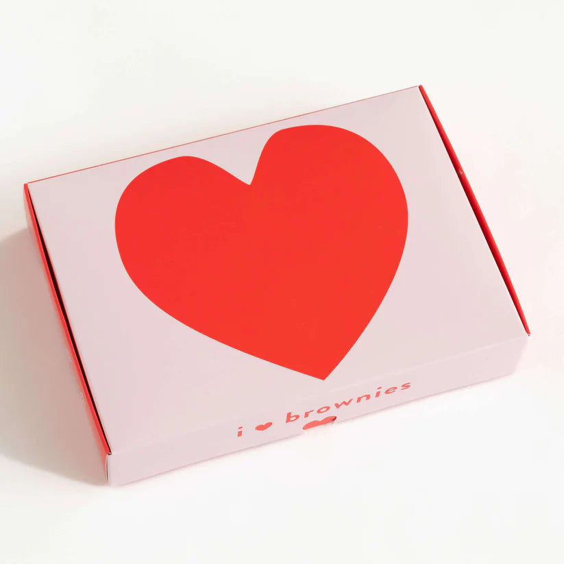 Pink box of Brownies with a red heart and 'i love brownies' text on box.