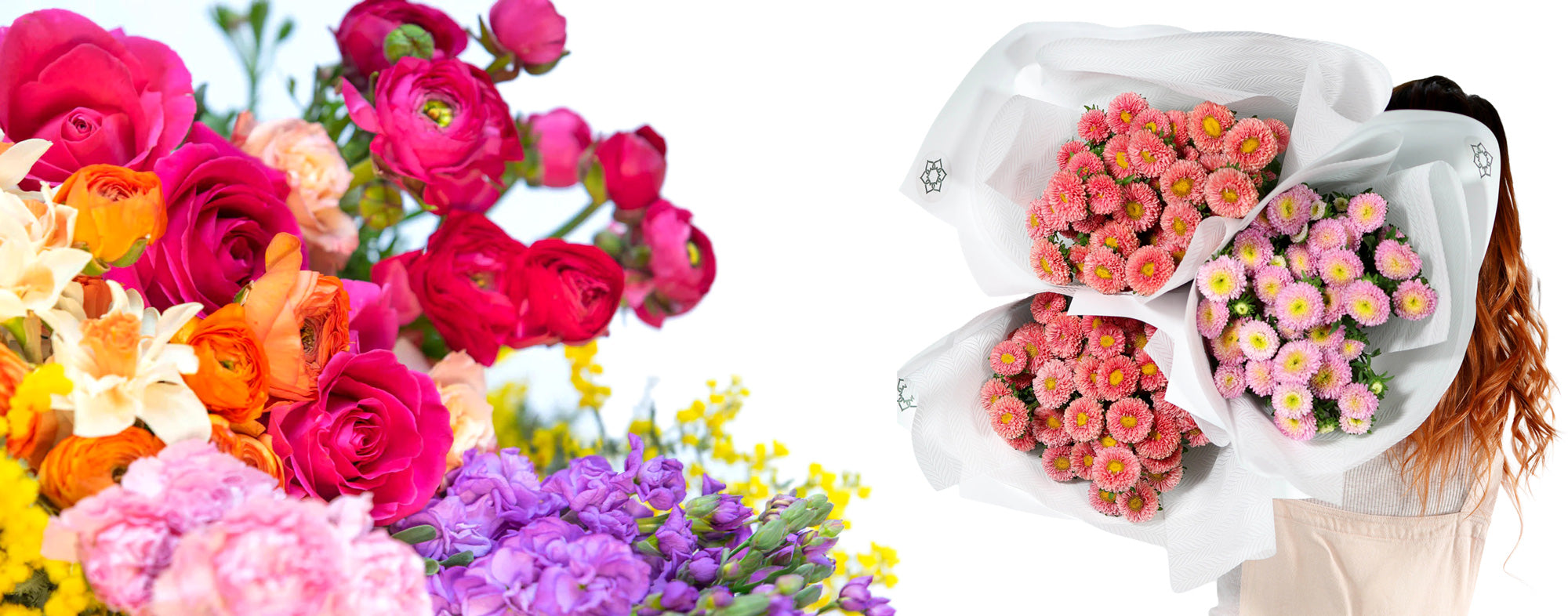 Bright flowers in spring mix and luxury bouquets wrapped in white |Brisbane Market Flowers.