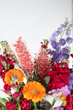 Amalfi Modern Bright Vase – bold orange and pink luxury floral design by Brisbane Market Flowers, same-day Brisbane delivery