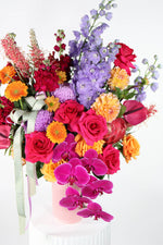 Brisbane Market Flowers Bright modern vase arrangement with orchids, roses and anthuriums – luxury corporate flowers delivered Brisbane CBD