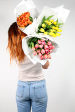 Mixed tulip market wraps for gift giving in Brisbane same day delivery.