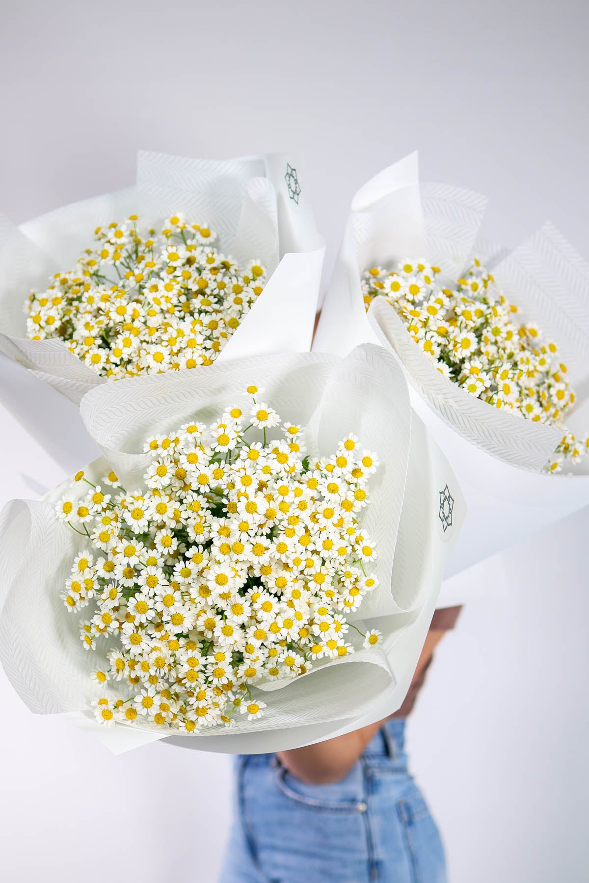 Three bouquets of little white flowers with yellow centers