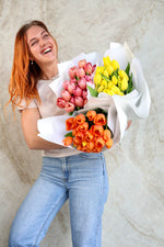 Bright tulips in premium wrapping from Brisbane Market Flowers.