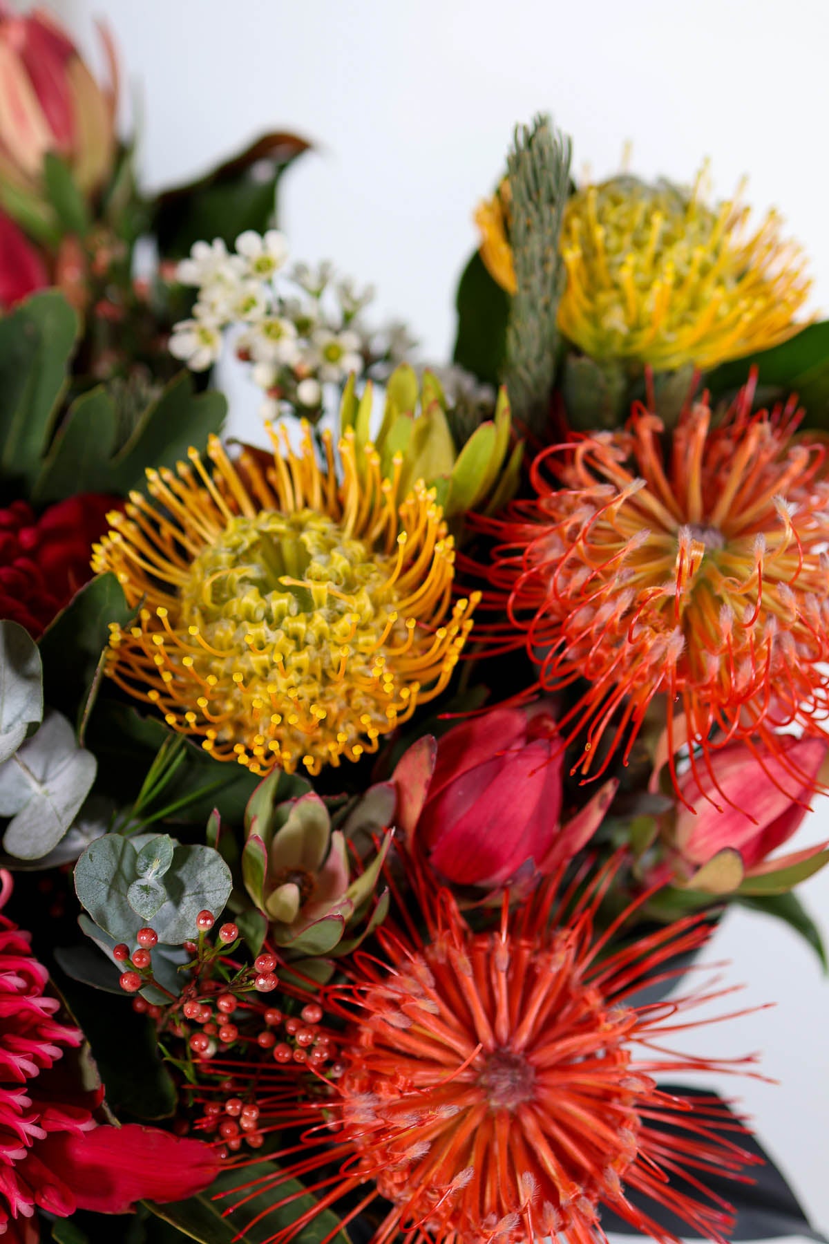 Top view of the Keppel native arrangment displaying sculptural native flowers and foliage in natural gold, rust, and red tones