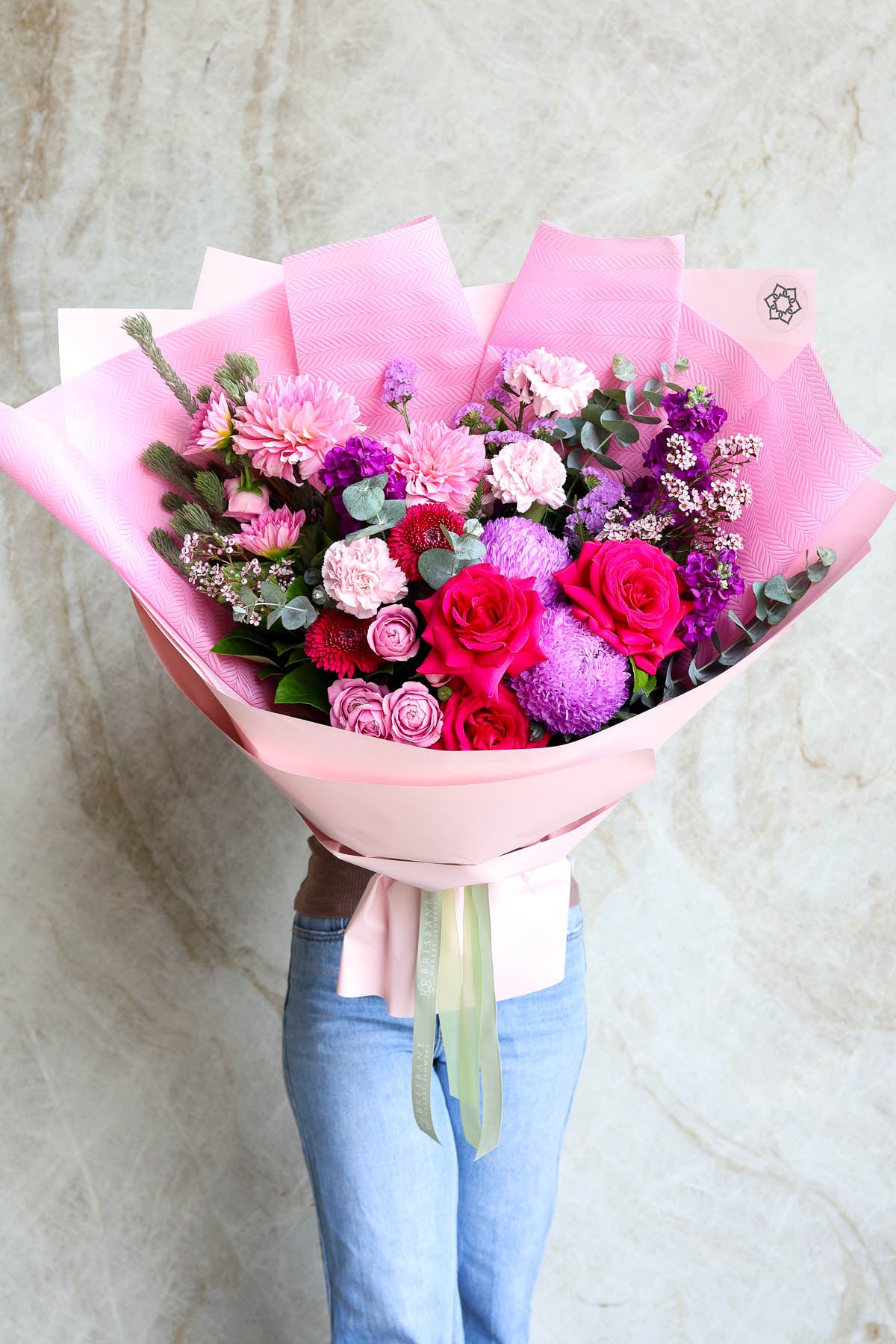 Luxury bouquet pink flowers wrapped in pink | Brisbane Market Flowers.