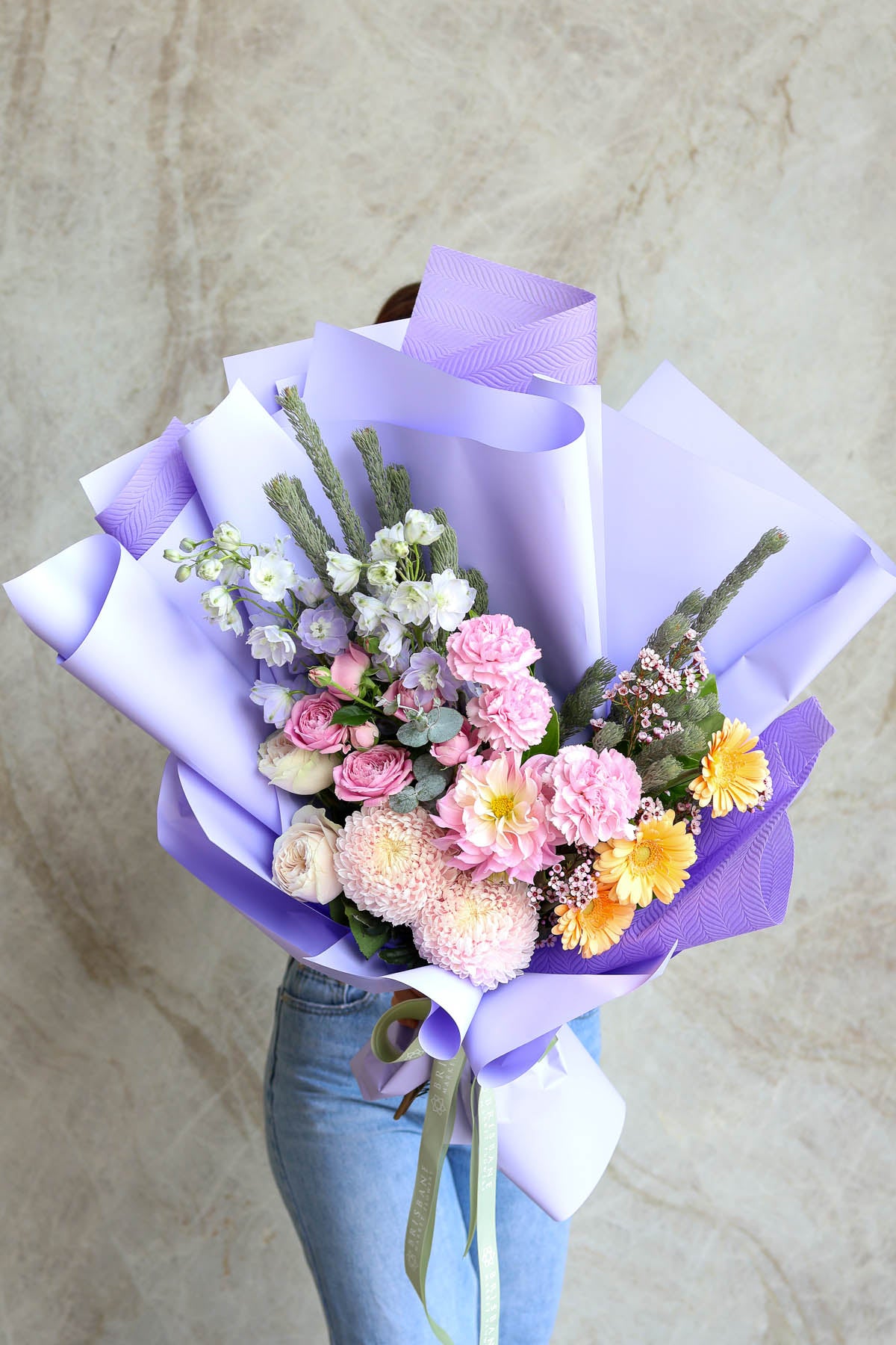Elegant pastel flower bouquet for graduation gifting, modern front-facing design with soft colours.