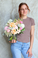 ront-facing dome floral design in soft blush & apricot tones – Florence vase Brisbane florist