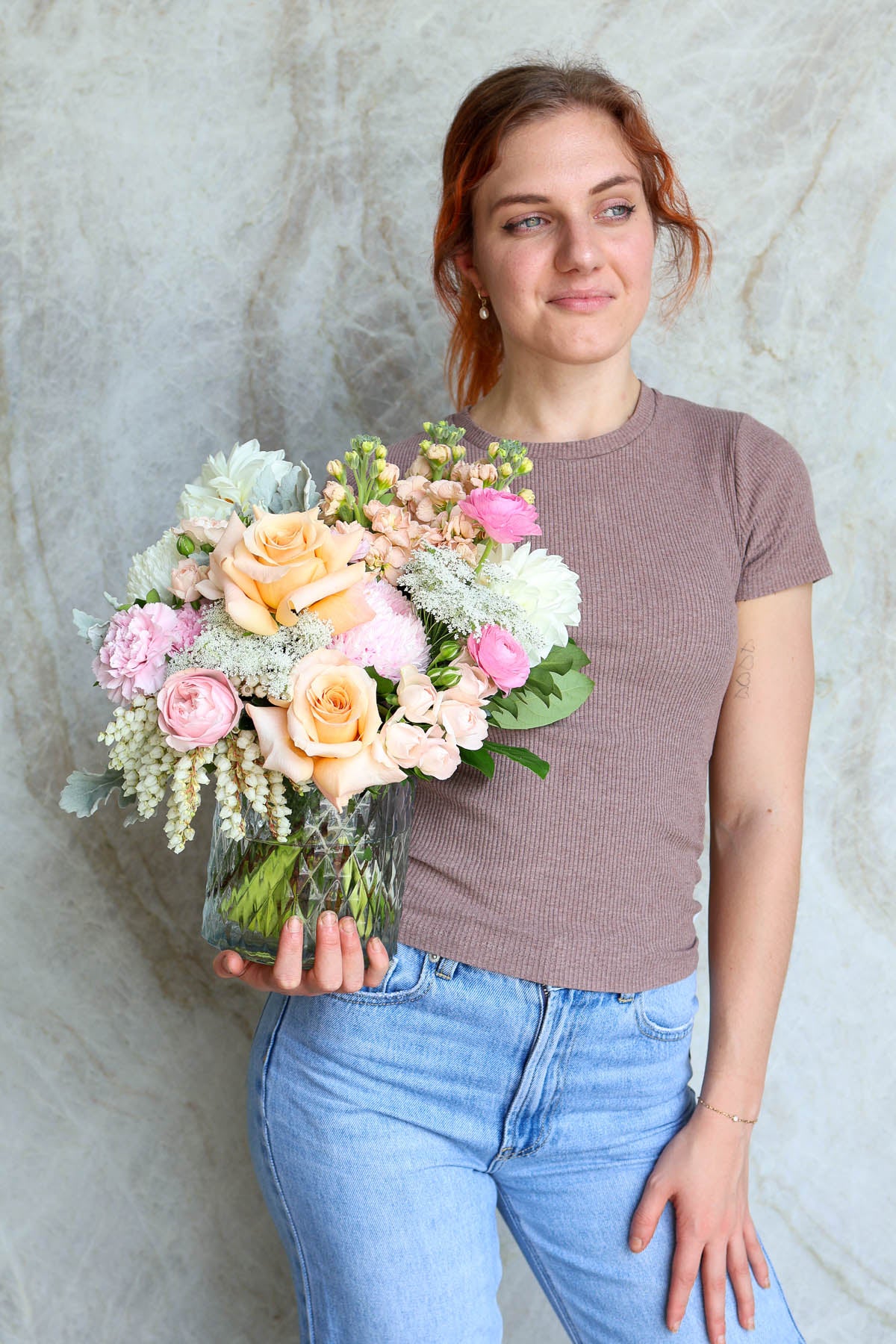 ront-facing dome floral design in soft blush & apricot tones – Florence vase Brisbane florist