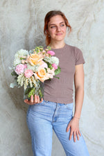 ront-facing dome floral design in soft blush & apricot tones – Florence vase Brisbane florist