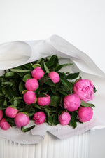 Bouquet of pink flowers wrapped in white paper on a white background