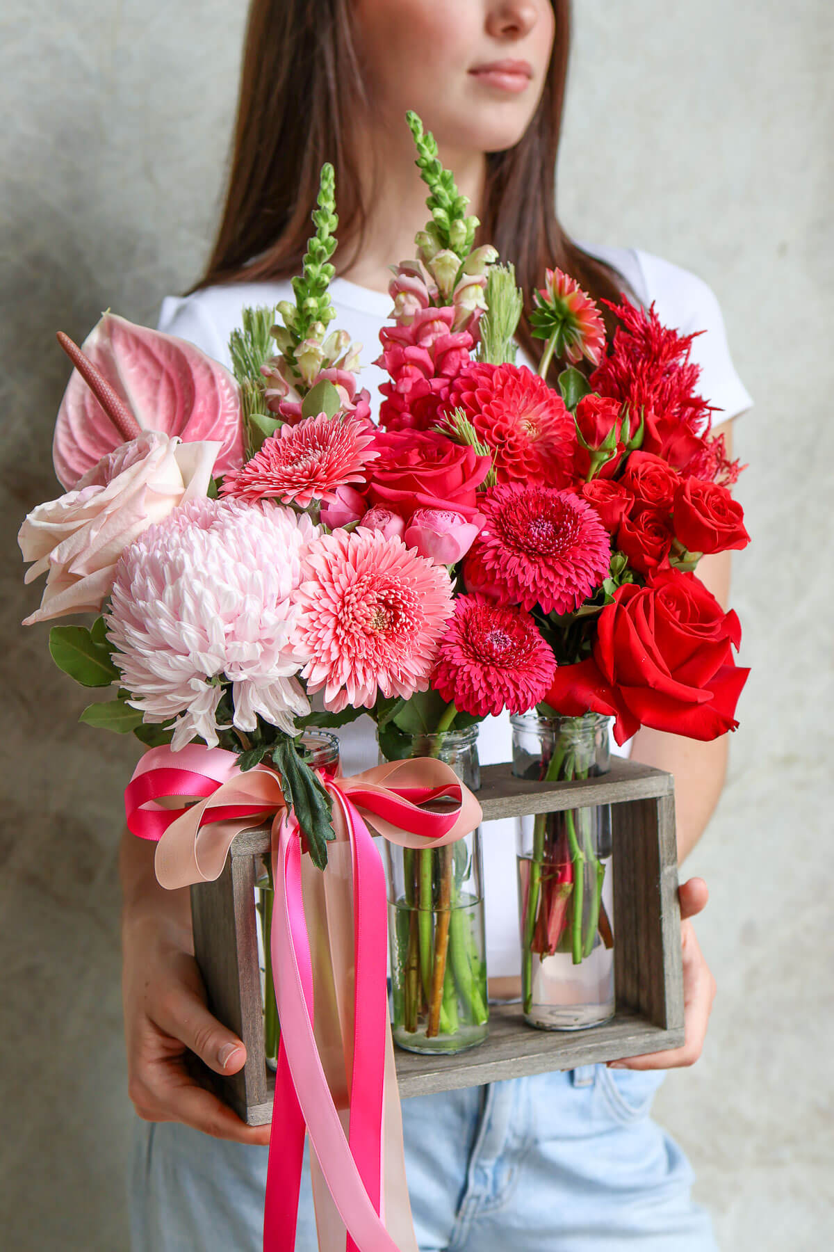 Contemporary Valentine’s flower delivery Brisbane trio vase arrangement.