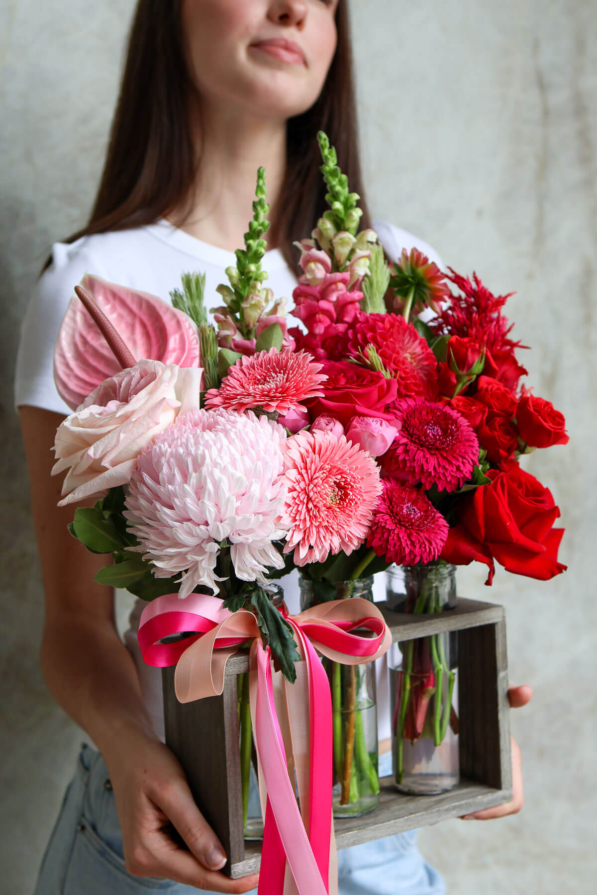Ombre Harmony Valentine’s Day trio vase flower set in wooden stand.