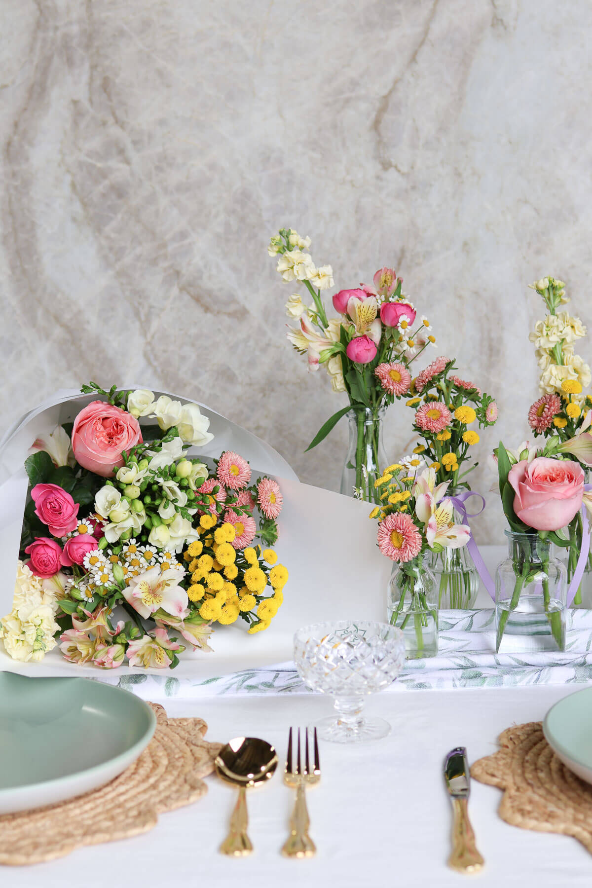 Easter DIY flowers styled across dining table for delivery in Brisbane.