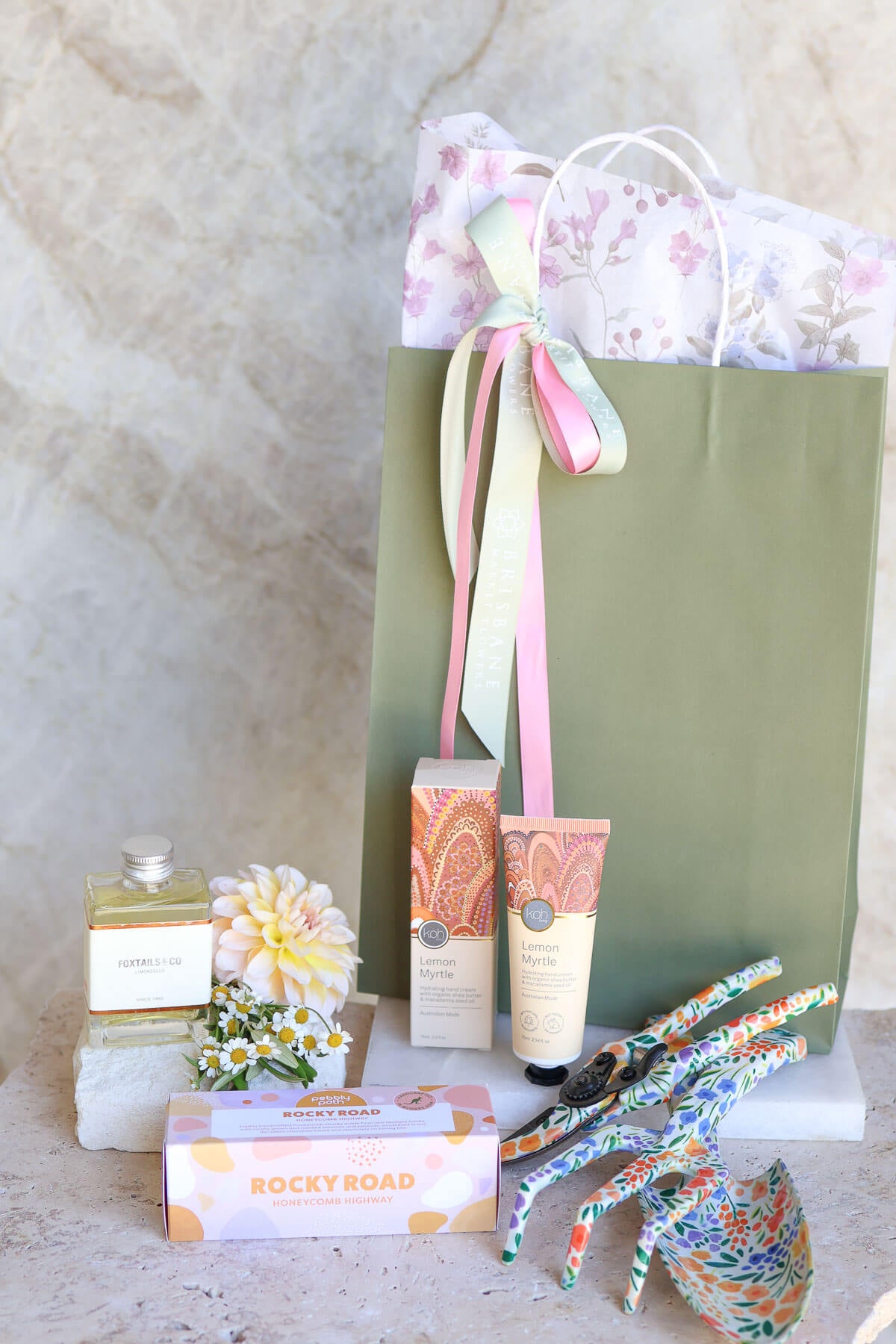 Garden lovers gift hamper with floral tools, rocky road,hand cream and cocktail Brisbane.