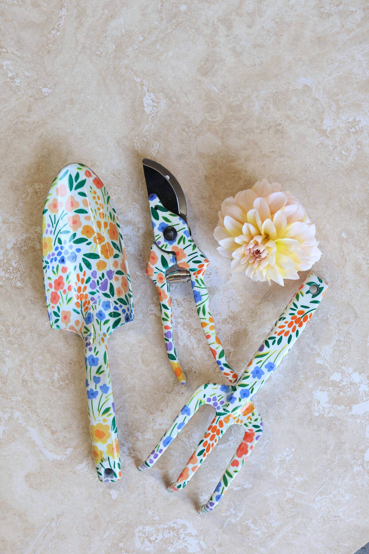 Floral gardening tools set with trowel rake and secateurs Mother’s Day gift.