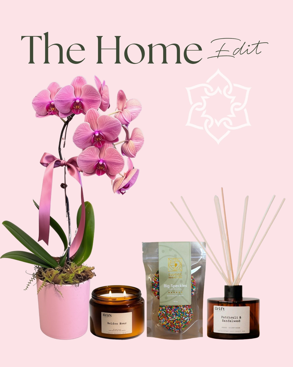 A home decor gift bundle featuring a pink potted orchid.
