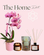 A home decor gift bundle featuring a pink potted orchid.