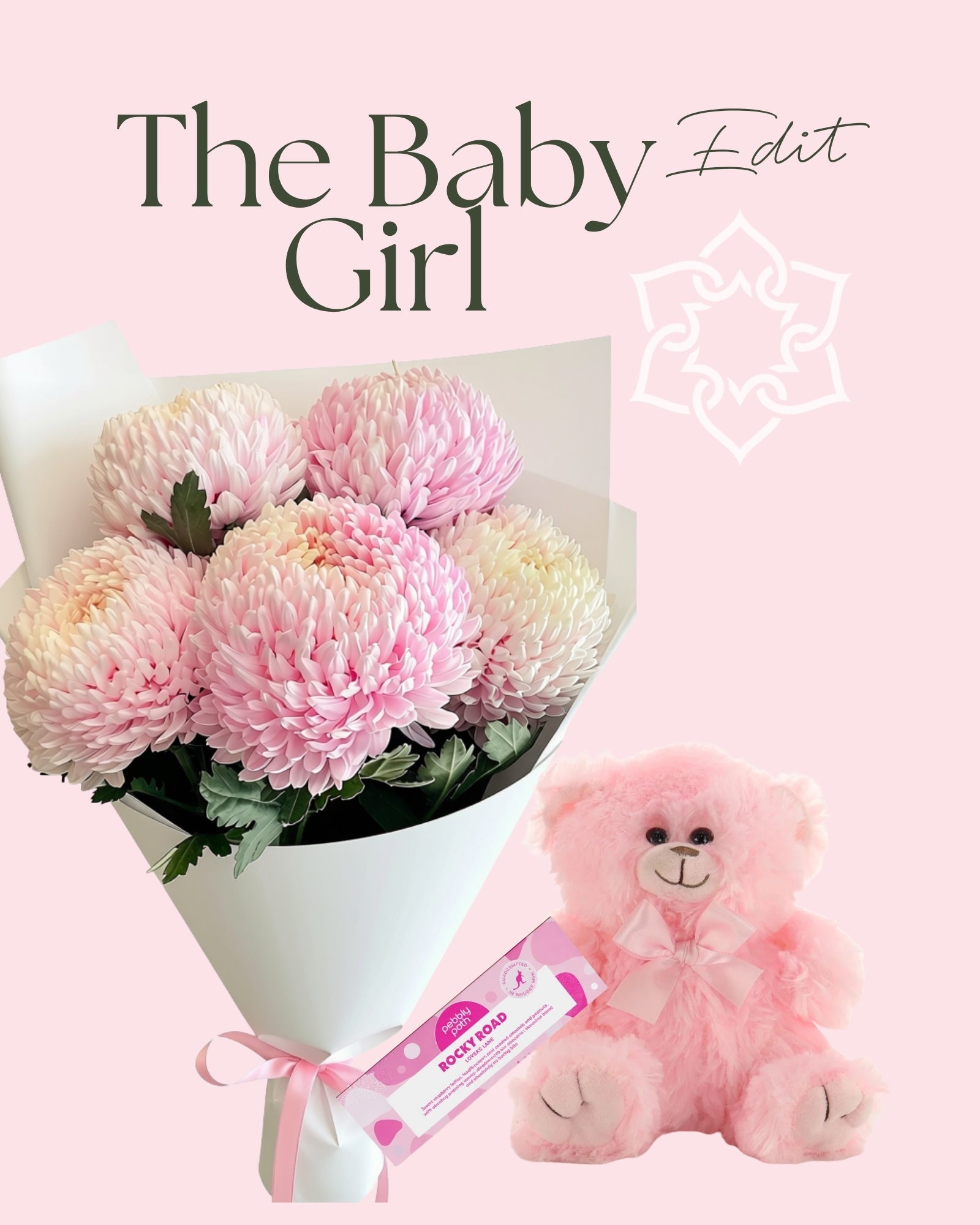 Baby girl gift bundle with pink flowers, teddy bear and Rocky Road|Brisbane Market Flowers.