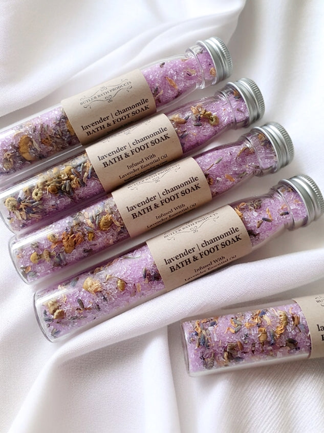 Five lavender chamomile bath and foot soak test tubes.