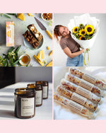 Sunflower birthday gift with candle and Australian-made treats.