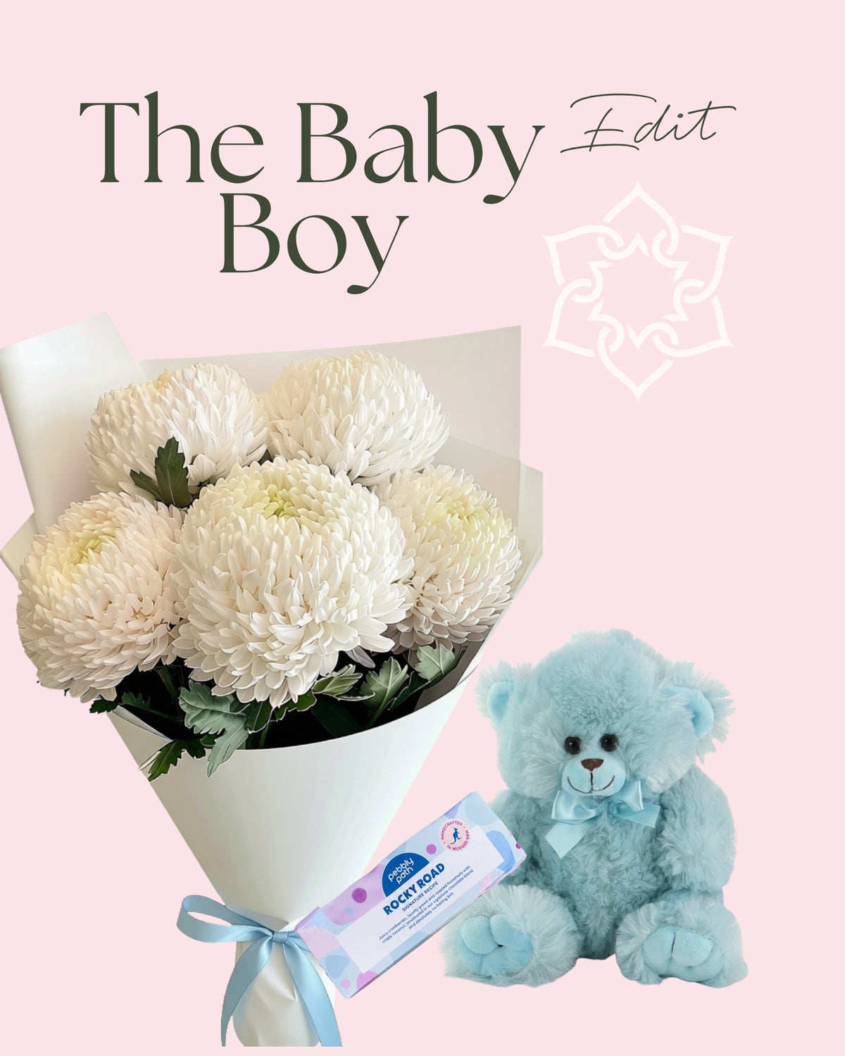 A baby boy gift set featuring a bouquet of white chrysanthemums, blue teddy bear and chocolates.