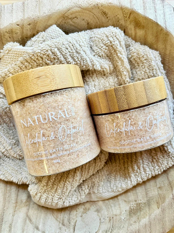Two size jars of bath soaks calendula and oatmeal.