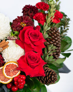 Brisbane Market Flowers Eve Christmas design – signature hatbox with red & white blooms for same-day delivery
