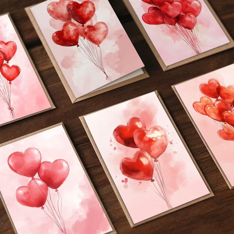 Set of Valentine's Day greeting cards with red heart-shaped balloons.