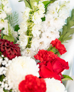 Elegant holiday flower bouquet with red roses, white stock, and seasonal greenery for same-day Brisbane delivery