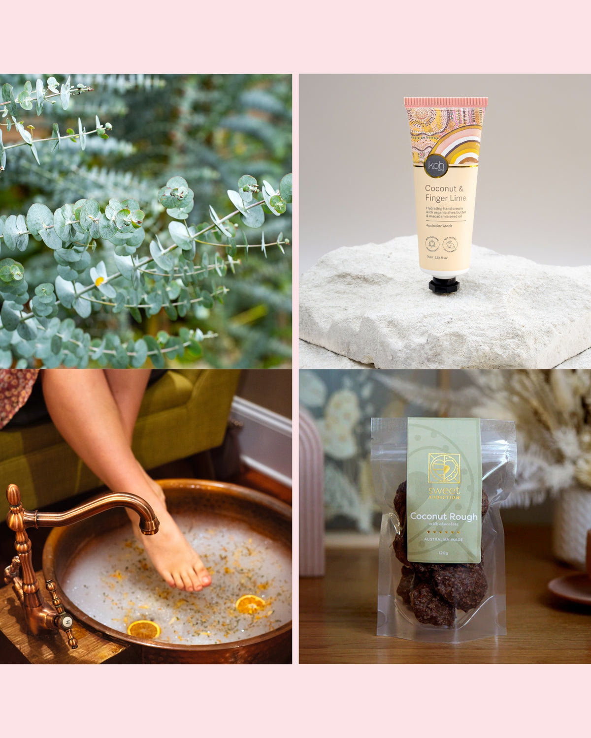A four-panel collage showing spa and self-care items: eucalyptus, Hand Cream, foot in a copper basin soaking in a bathroom setting.