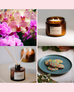 A  collage showing home fragrance, chocolates, soy candle and orchids.