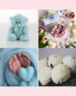 A collage: a light blue plush teddy bear a baby's bare feet wrapped in a matching light blue knit blanket with a small blue heart.