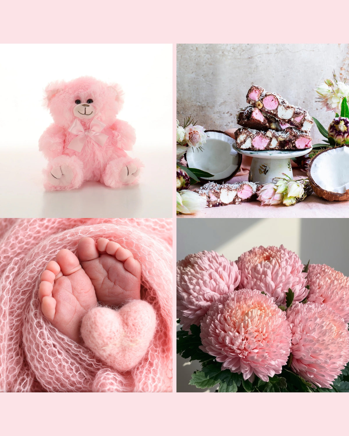 Baby girl gift hamper with pink teddy, Rocky Road and pink disbud flowers in Brisbane.