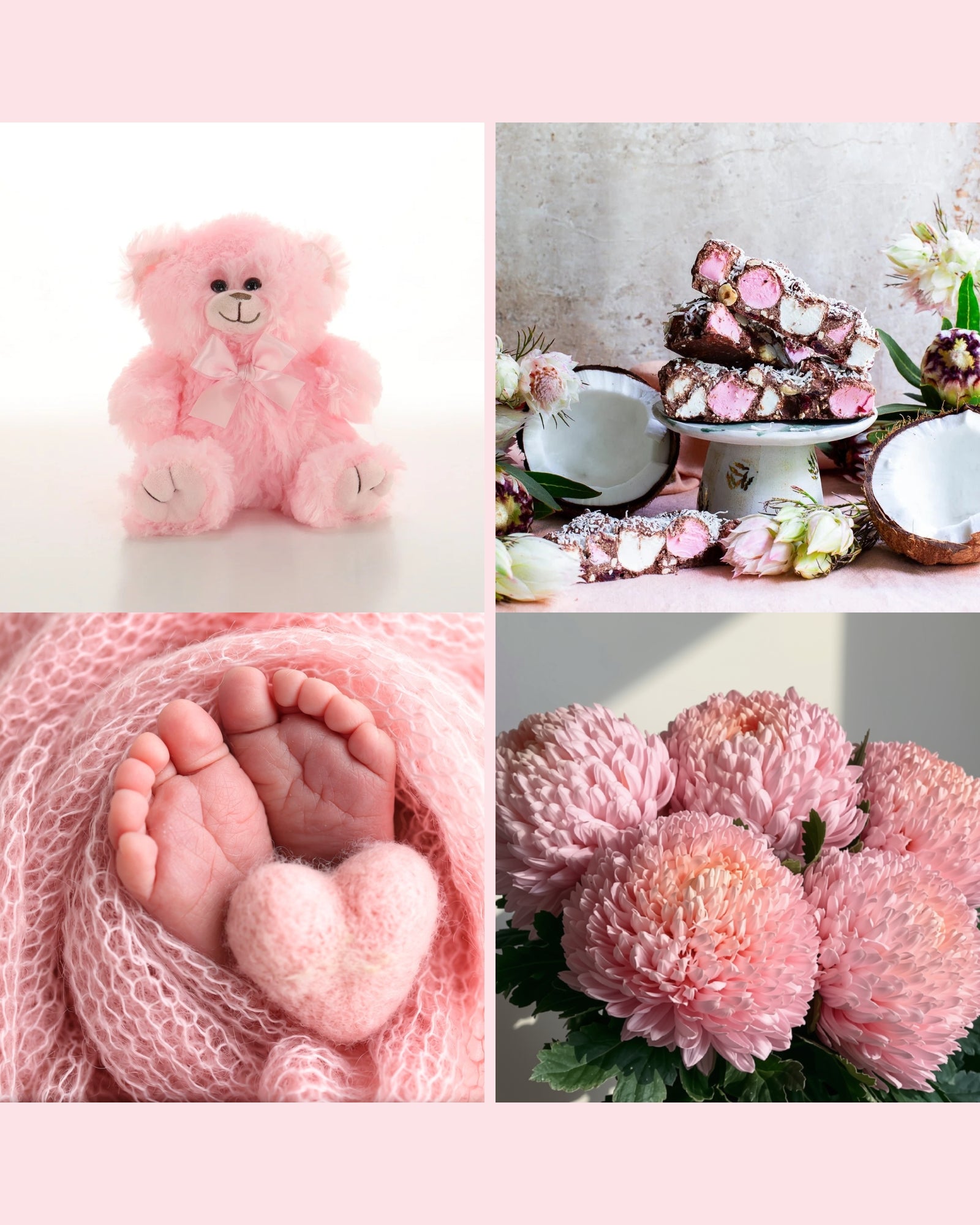 Baby girl gift hamper with pink teddy, Rocky Road and pink disbud flowers in Brisbane.