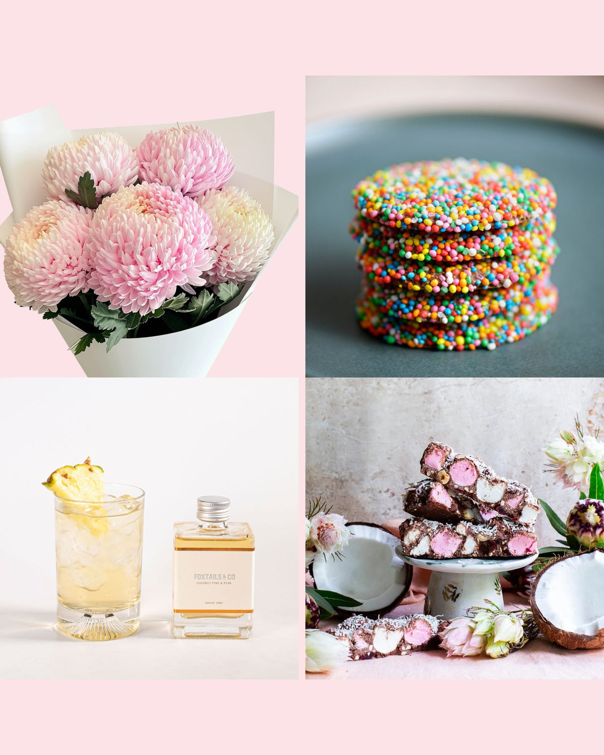 Pink disbud bouquet, mini cocktail, chocolate freckles, Rocky Road gift set.