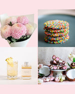 Pink disbud bouquet, mini cocktail, chocolate freckles, Rocky Road gift set.