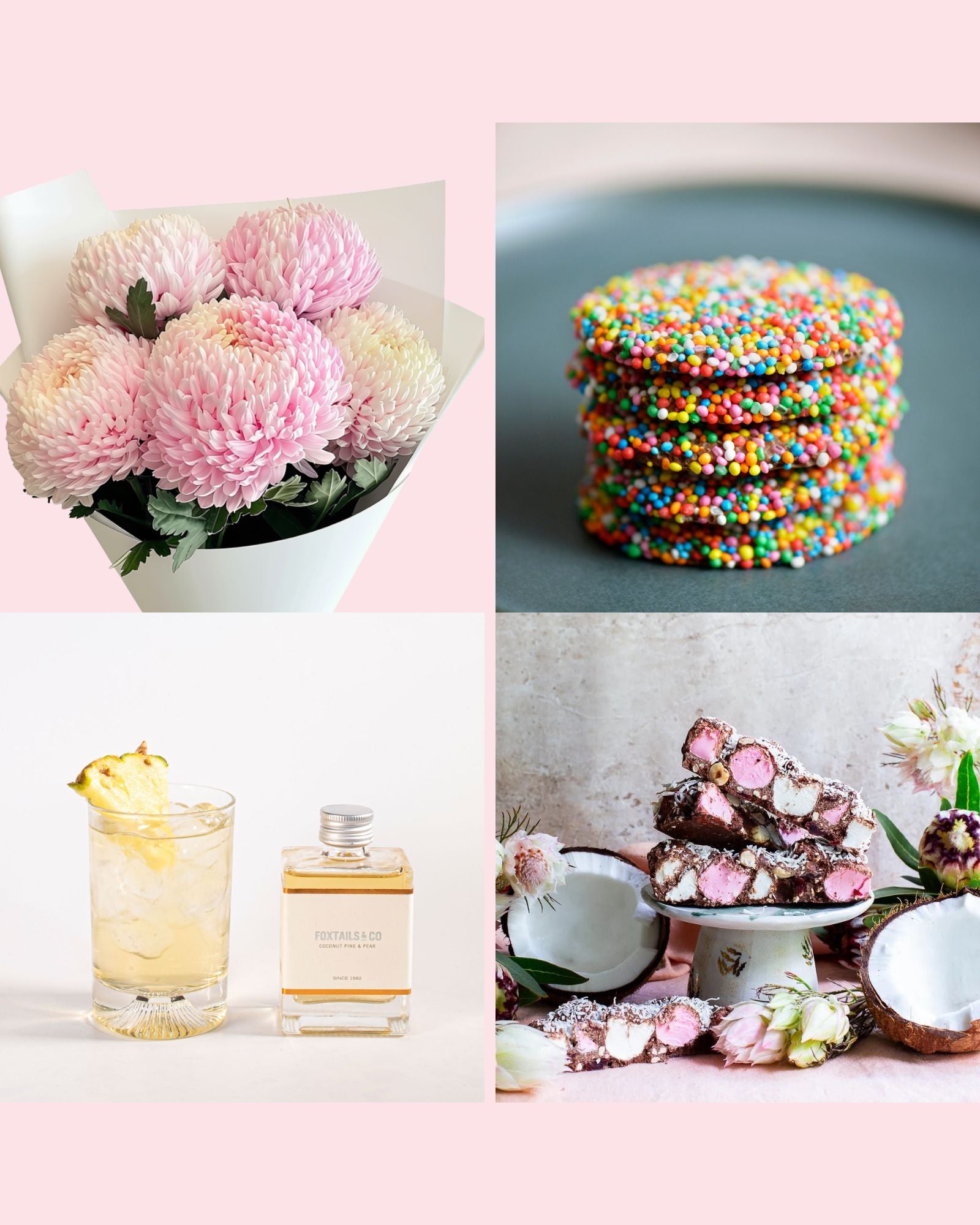 Pink disbud bouquet, mini cocktail, chocolate freckles, Rocky Road gift set.
