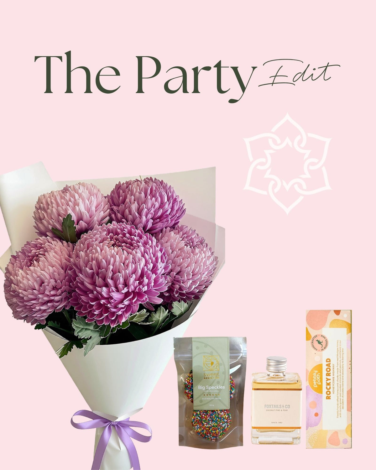 The Party Edit with pink disbud flowers, mini cocktail, chocolates and Rocky Road.