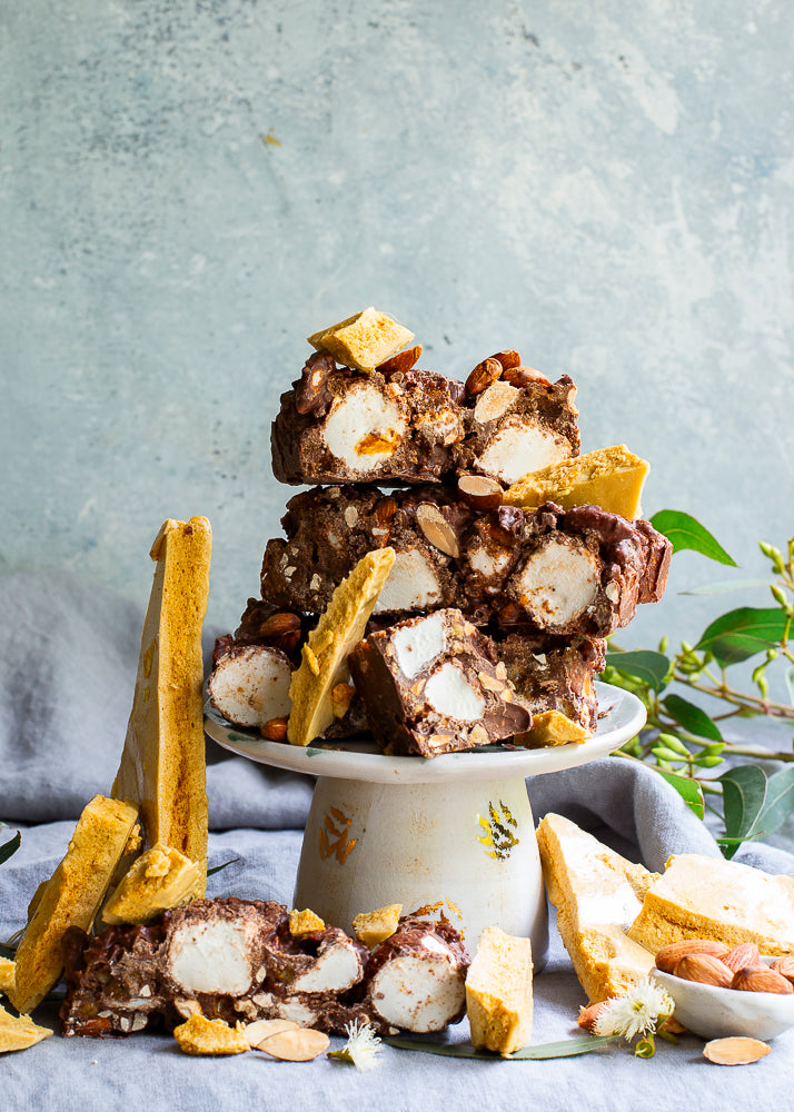 Close up texture shot of premium rocky road chocolate