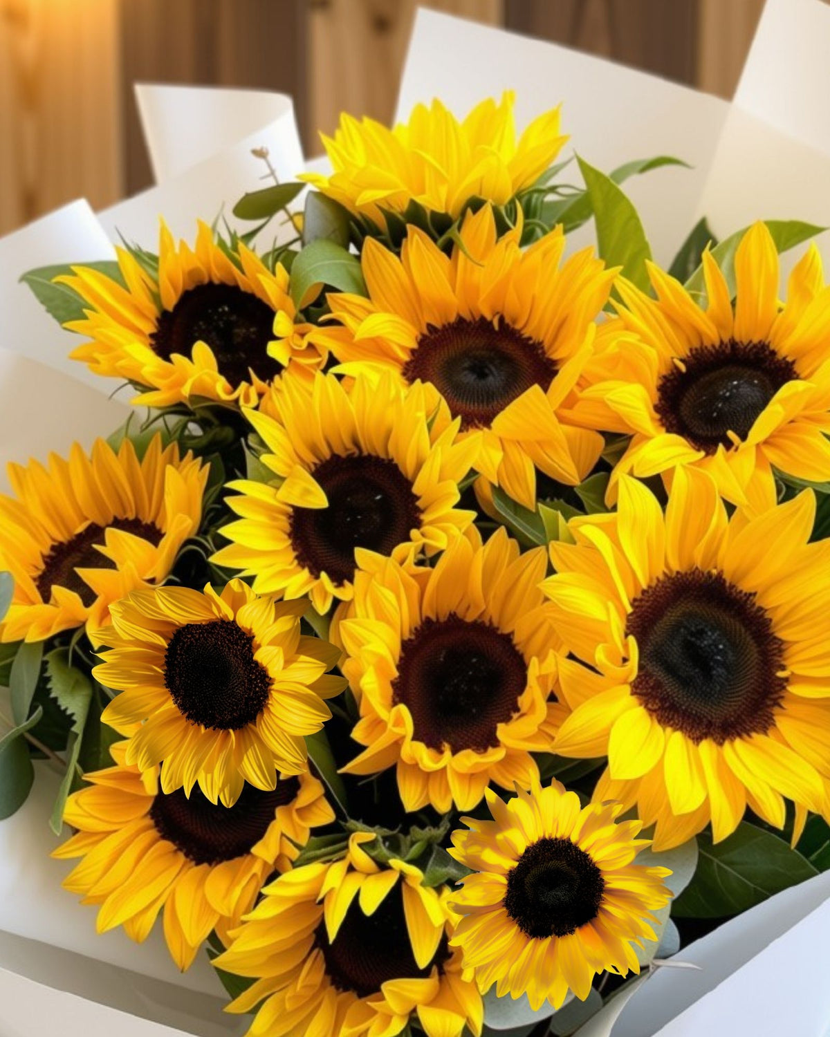 A bouquet of bright yellow sunflowers wrapped in white paper.