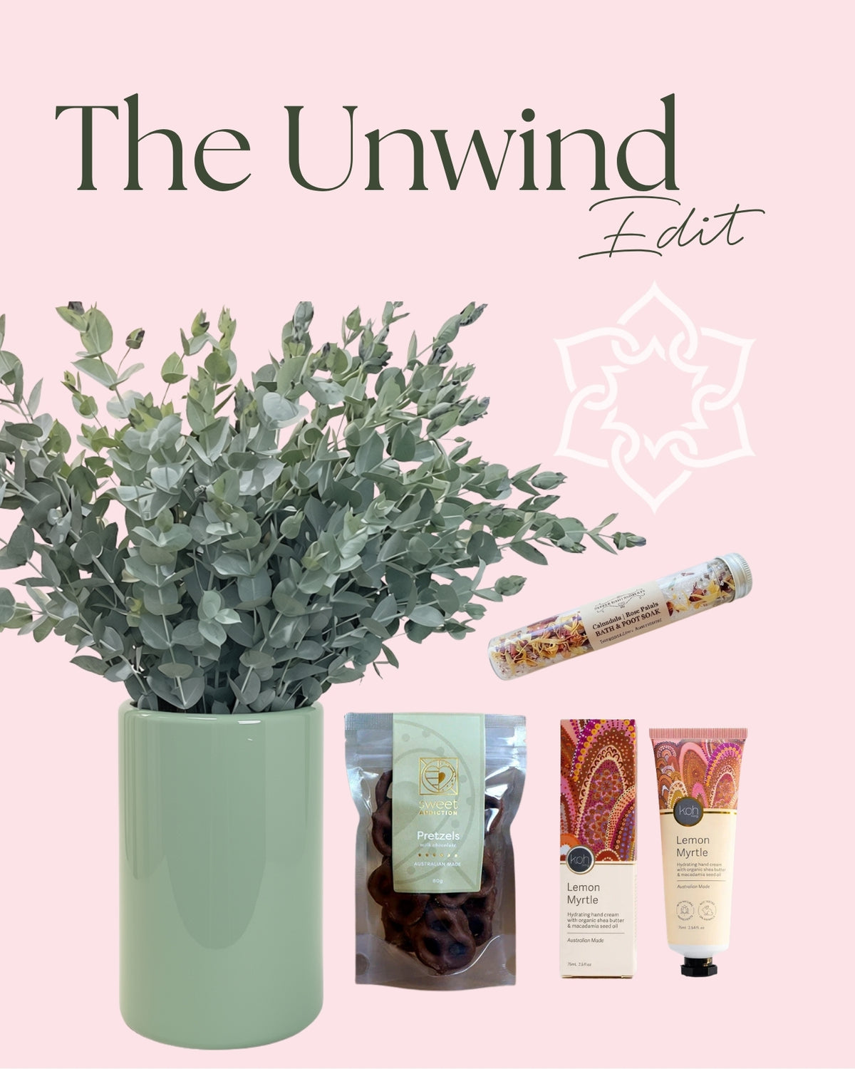 The Unwind gift bundle with eucalyptus, ceramic vase, chocolate, bath salts and hand cream | Brisbane Market Flowers