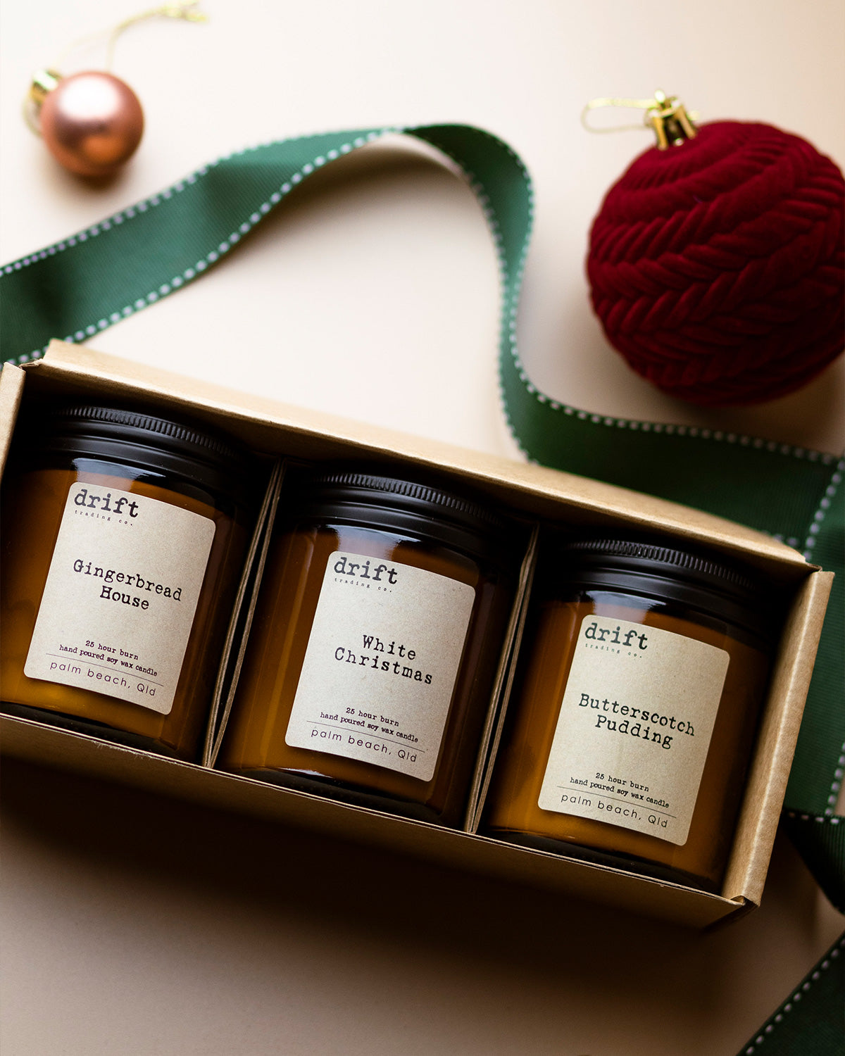 Christmas gift pack of 3 soy candles in an amber glass jar